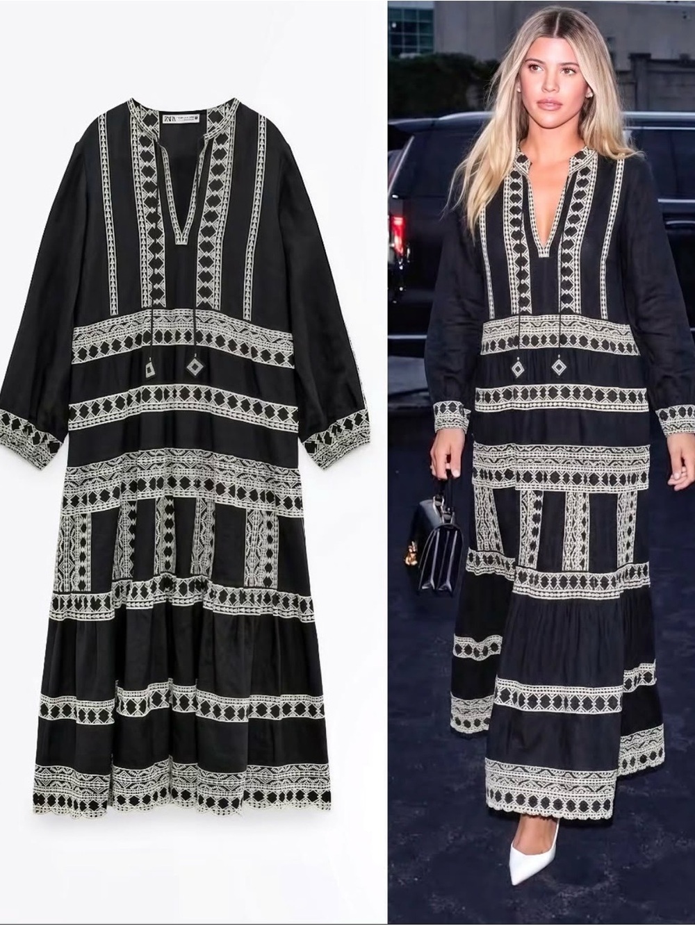 Zara Midi Embroidered Long Sleeve Linen Blend Dress Size XL